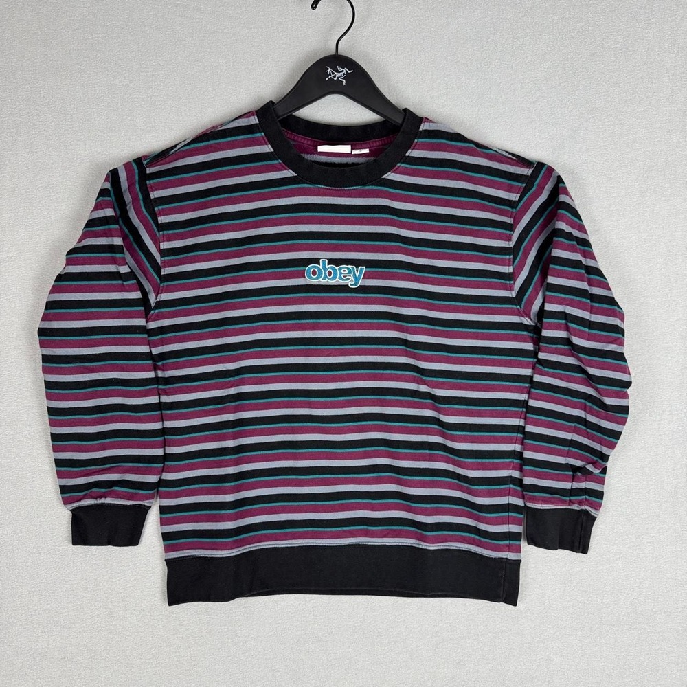 Obey horizontal striped crewneck sweatshirt with black, purple and white stripes